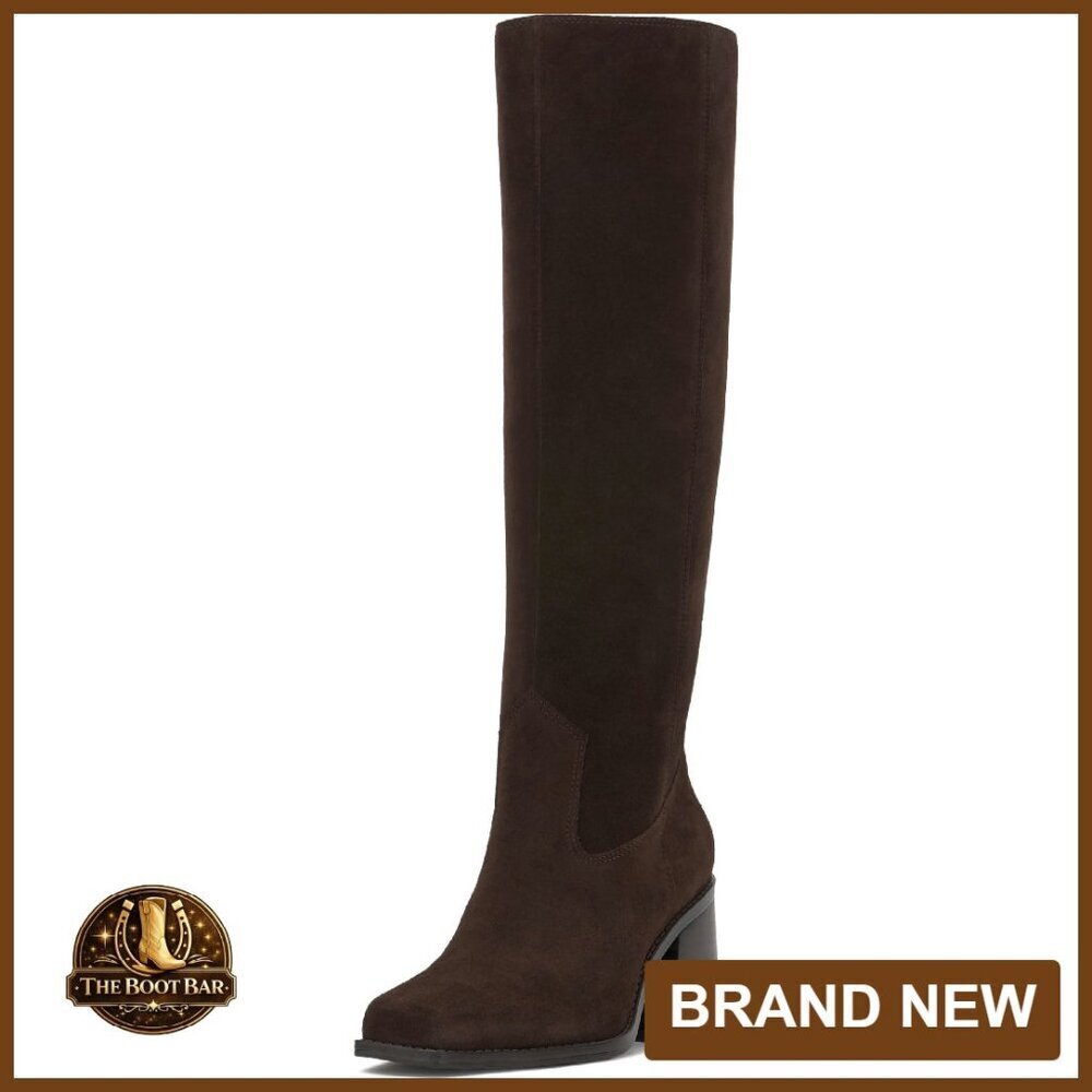 Extra Wide Calf Knee High Boots 3-Inch Block Heel Leather Suede
